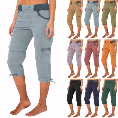 Cargo Capris for Women Summer Casual Drawstring Cargo Pants with Pocket Elastic Waist Capri Joggers Outdoor Travel Summer Pants Wide Leg Cropped Pant Plus Size Hiking Pant for Camping Golf
