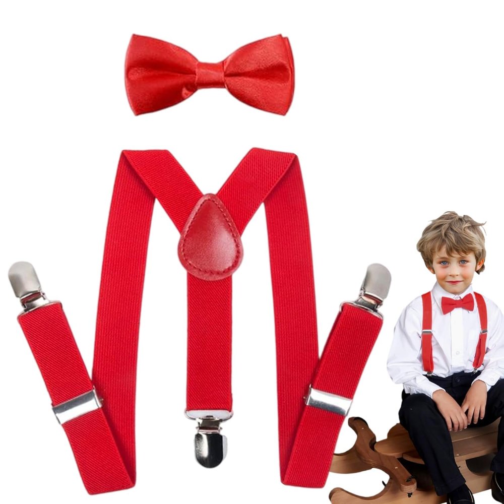 Adjustable Kid's Suspenders and Bow Tie Set - Classic Red Suspenders & Bowtie for Boys & Girls, Fits 6 Months to 7 Years - Perfect for Daily Wear, Photoshoots, and Special Occasions