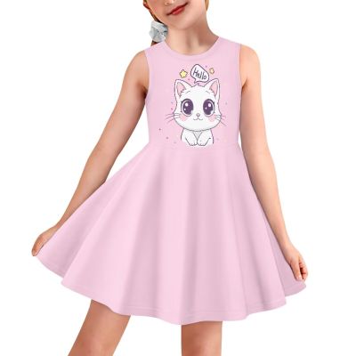 OZELANSAY Pink Summer Dress Kids Cute Cat Graphic Casual Crew Neck Skater Swing Twirly Dresses 3T 4T Kawaii Cartoon Print Outfits School Home Sleeveless Clothes Comfy Novelty Dress
