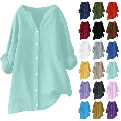 Plus Size Cotton Linen Shirts for Women Plain Button Down Blouses Dressy Casual Tees Spring Summer Long Sleeve Tops 2025 Trendy Womens Clothes Outfits Loose Oversized Tshirts Work Business Tunic
