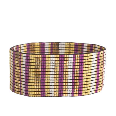 INK + ALLOY Game Day Striped Cuff Bracelets for Women, Beaded Stretch Bracelet for Sports Fans, Handmade Jewelry for College Students, Teachers, Football Moms, 1-Inch W (Purple & Yellow)