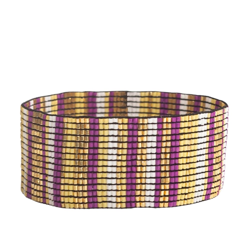 INK + ALLOY Game Day Striped Cuff Bracelets for Women, Beaded Stretch Bracelet for Sports Fans, Handmade Jewelry for College Students, Teachers, Football Moms, 1-Inch W (Purple & Yellow)