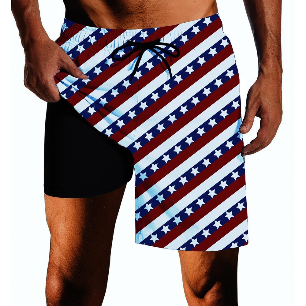 America USA Flag Mens Swim Trunks with Compression Liner Quick Dry 2 in 1swim Shorts Bathing Suits for Beach Rave X-Large