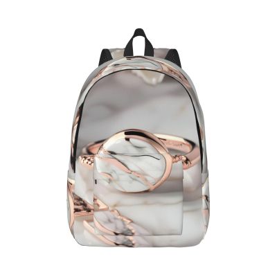 Backpacks Lightweight Bookbag With 1 Main Compartment, Front Utility Pocket With Built,White Marble Rose Gold Pattern