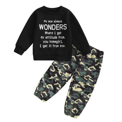 wdehow Toddler Kids Baby Boy Fall Outfits 1T 2T 3T 4T 5T Letter Print Long Sleeve Tops Camouflage Pants Winter Clothes Sets (B-Black, 12-18 Months)