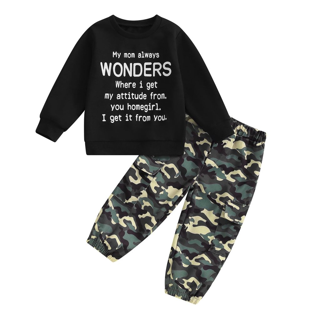 wdehow Toddler Kids Baby Boy Fall Outfits 1T 2T 3T 4T 5T Letter Print Long Sleeve Tops Camouflage Pants Winter Clothes Sets (B-Black, 12-18 Months)