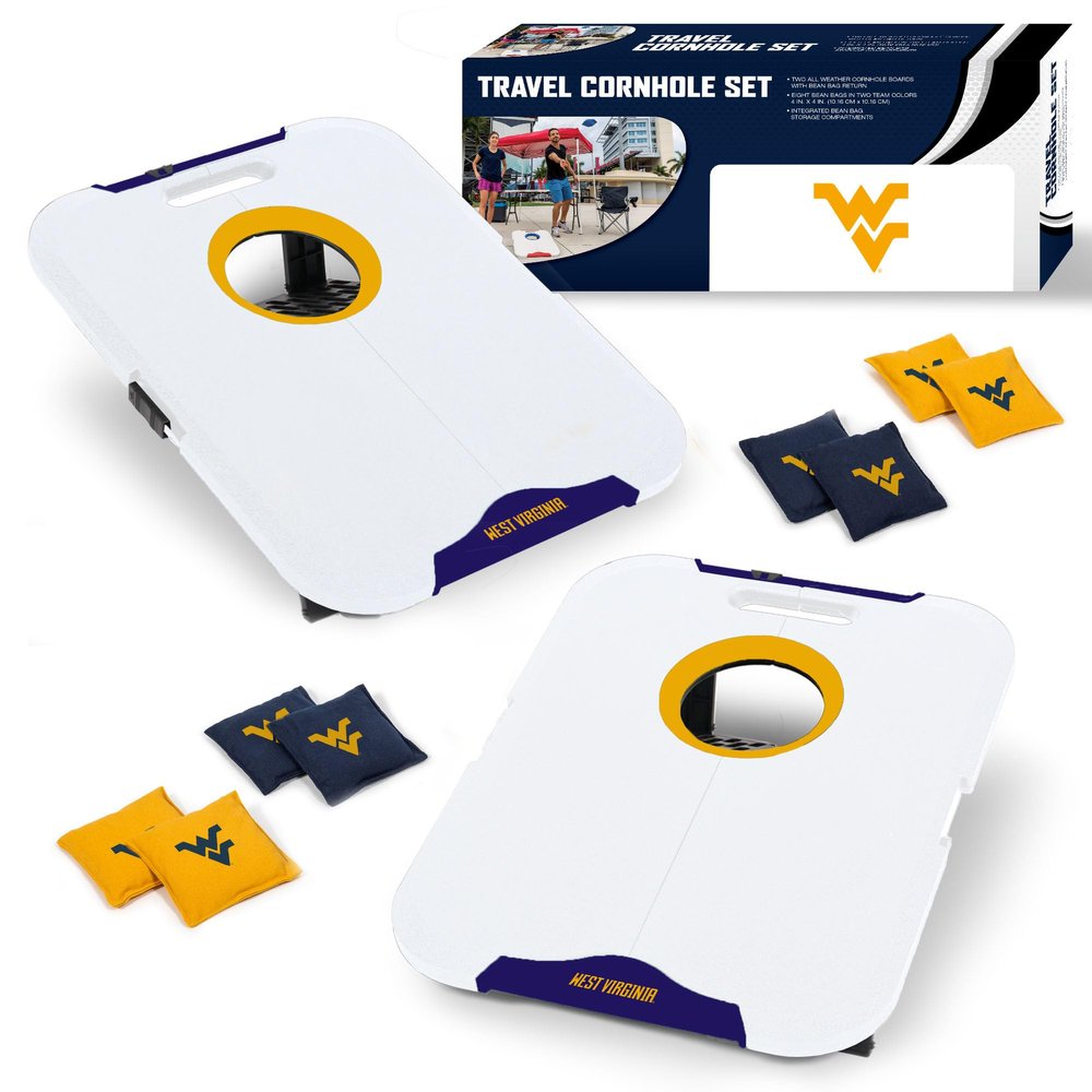 Wild Sports NCAA West Virginia Mountaineers Pro Football All-Weather Cornhole Set - Travel Bean Bag Toss Set Includes 8 Bean Bags