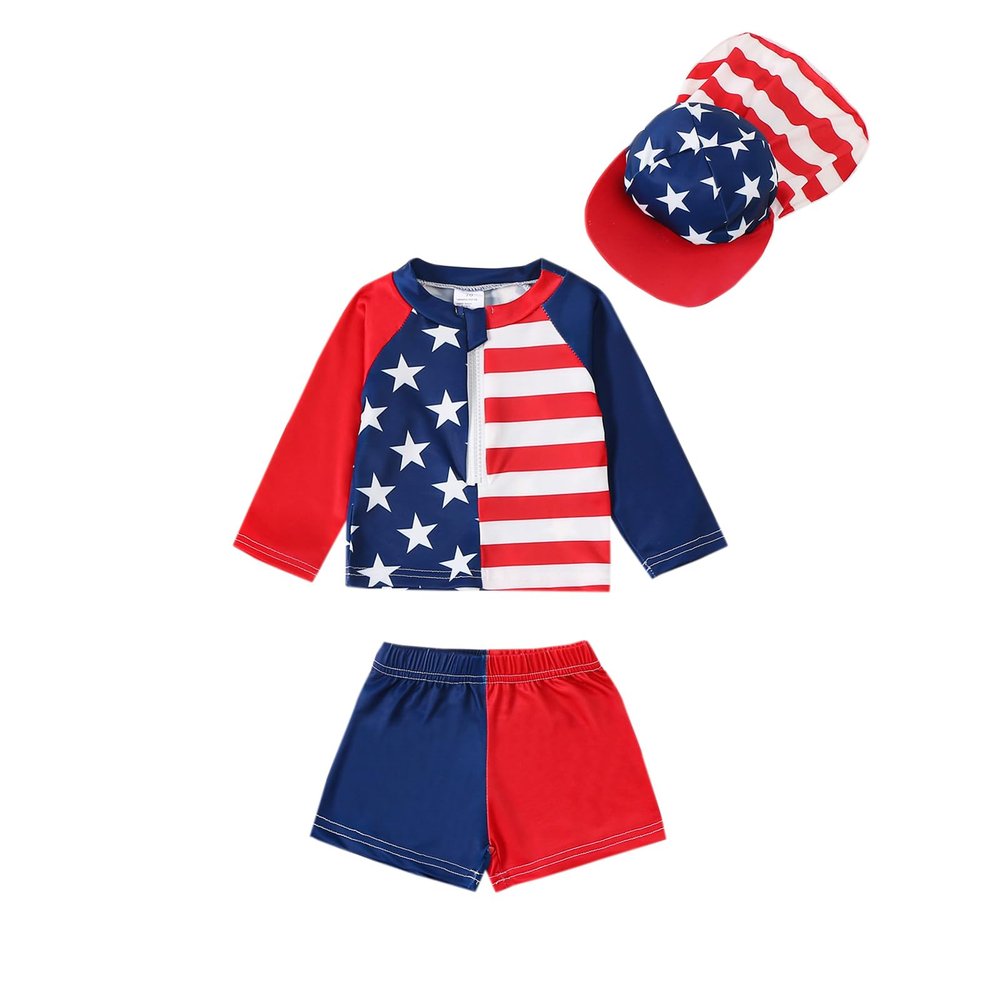 Baby Toddler Boys 3-Pieces Swimsuit Sets Long Sleeve Shark Bathing Suit Rash Guards Swimwear with Sun Hat UPF 50+ (4th of July-Blue, 3-4 Years)