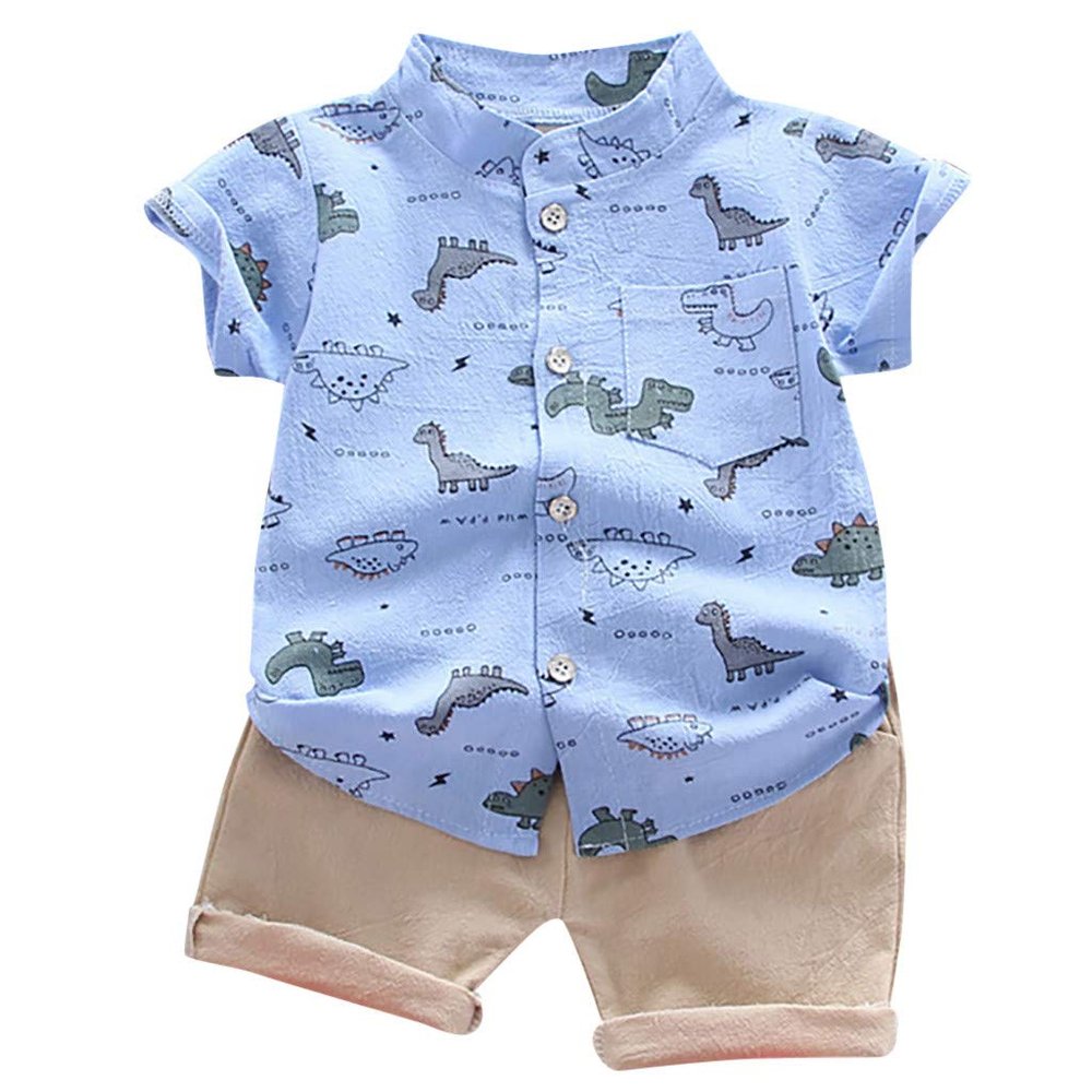 AMIMOJY Infrant Boys Baby Outfit Summer 2024 Dinosaur Prints Botton Down Tops Solid Color Shorts Casual Suit 2Pcs Clothes, Blue