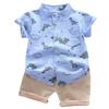 AMIMOJY Infrant Boys Baby Outfit Summer 2024 Dinosaur Prints Botton Down Tops Solid Color Shorts Casual Suit 2Pcs Clothes, Blue view 1
