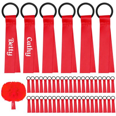 VAIPI 48 Pcs Cheerleader Pom Poms Name Tags Cheerleading Name Tags Ribbon Sublimation Blank Cheer Pom Tags Travel Suitcases Labels for Backpack Keychains(Red)
