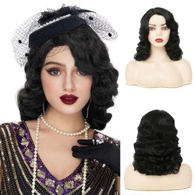 Amnenl Black Curly Finger Wave Wigs for Women Long 1920s Wig Vintage Wigs Lady Synthetic Cosplay Costume Wig