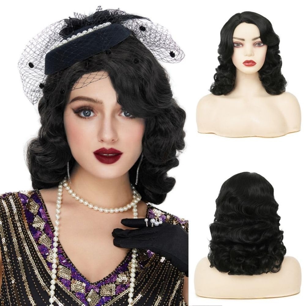Amnenl Black Curly Finger Wave Wigs for Women Long 1920s Wig Vintage Wigs Lady Synthetic Cosplay Costume Wig