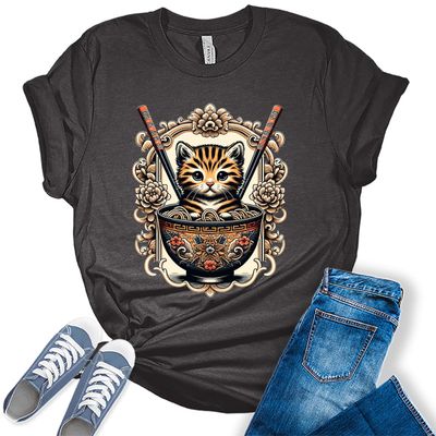 GyftWear Women's Ramen Cat Shirt Kawaii T-Shirts Anime Japanese Short Sleeve Graphic Tees, X-Large, Zb - Dark Grey Heather