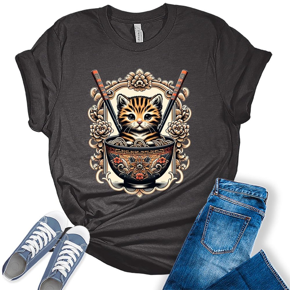 GyftWear Women's Ramen Cat Shirt Kawaii T-Shirts Anime Japanese Short Sleeve Graphic Tees, X-Large, Zb - Dark Grey Heather