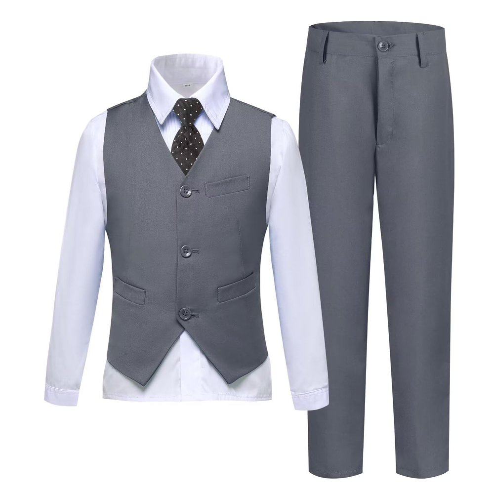Boys Suits Size 4 Toddler Kids Grey Suits for Boys 4 Piece Boy's Dress Vest Pants Suit Set First Communion Easter Outfits