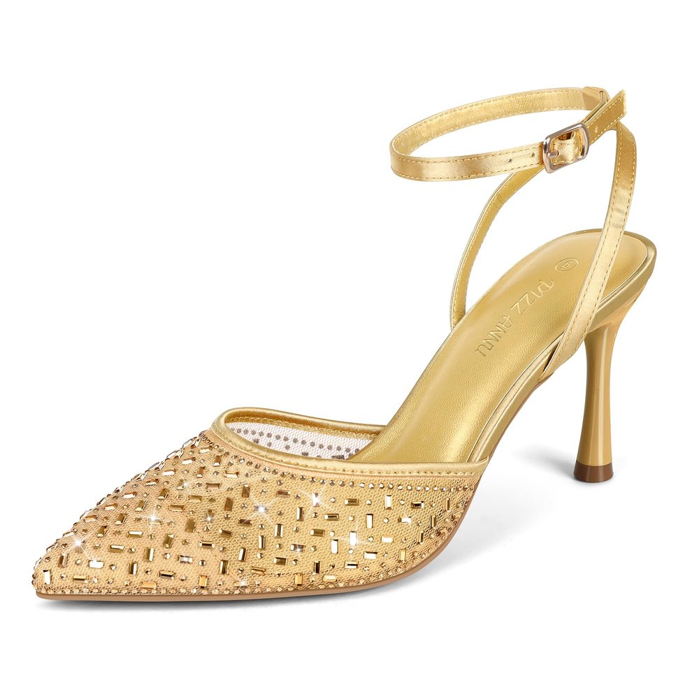 PIZZ ANNU Women's Cienna High Heels Sexy Stiletto Pumps Closed Toe Mesh Sparkly Rhinestones Ankle Strap Dress Wedding Party Pumps Shoes, Gold 6.5