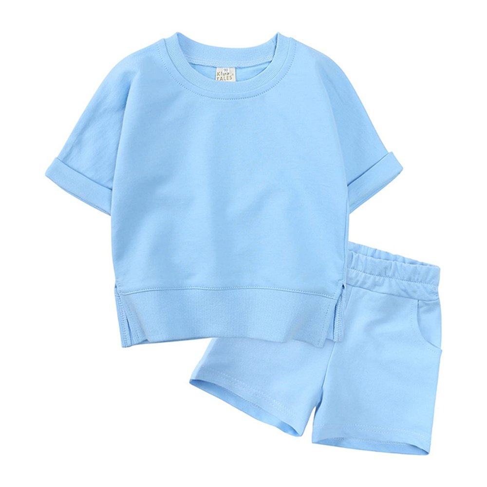 AMIMOJY Toddler Kids Cotton Outfit Summer Boys Pullover Suit Girls Comfy Solid Color Short Sleeve Tops Shorts Clothes 2Piece, 3-4 Years, Blue