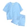 AMIMOJY Toddler Kids Cotton Outfit Summer Boys Pullover Suit Girls Comfy Solid Color Short Sleeve Tops Shorts Clothes 2Piece, 3-4 Years, Blue view 1