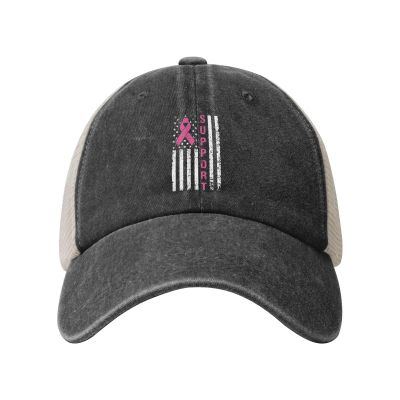 ZKLCRYTR Support Breast Cancer U.S.A.Flag Baseball Cap for Women Mens Trucker hat Mesh Caps Dad Hat Black