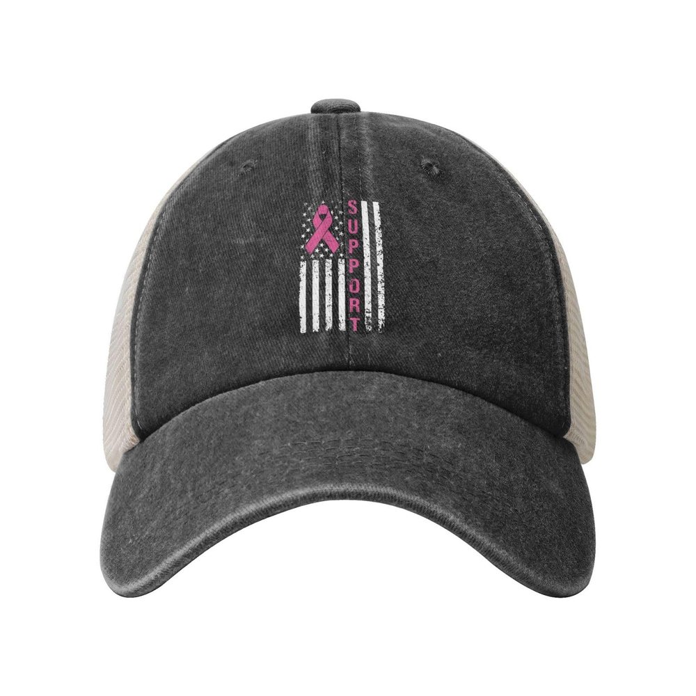 ZKLCRYTR Support Breast Cancer U.S.A.Flag Baseball Cap for Women Mens Trucker hat Mesh Caps Dad Hat Black