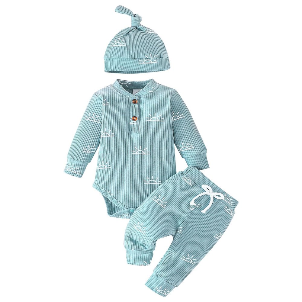 AMIMOJY Baby Boys Girls Rompers Long Sleeve Bodysuit Leave Prints Clothes Solid Tops Pants Newborn Clothes with Hat 2 Piece, 3-6 Months, Blue