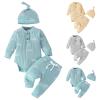 AMIMOJY Baby Boys Girls Rompers Long Sleeve Bodysuit Leave Prints Clothes Solid Tops Pants Newborn Clothes with Hat 2 Piece, 3-6 Months, Blue view 3