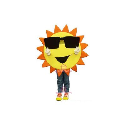 Cool Sun Mascot Costume Dressed in Sunglasses Adult Size for Men & Women with Built-in Fan Inside the Head