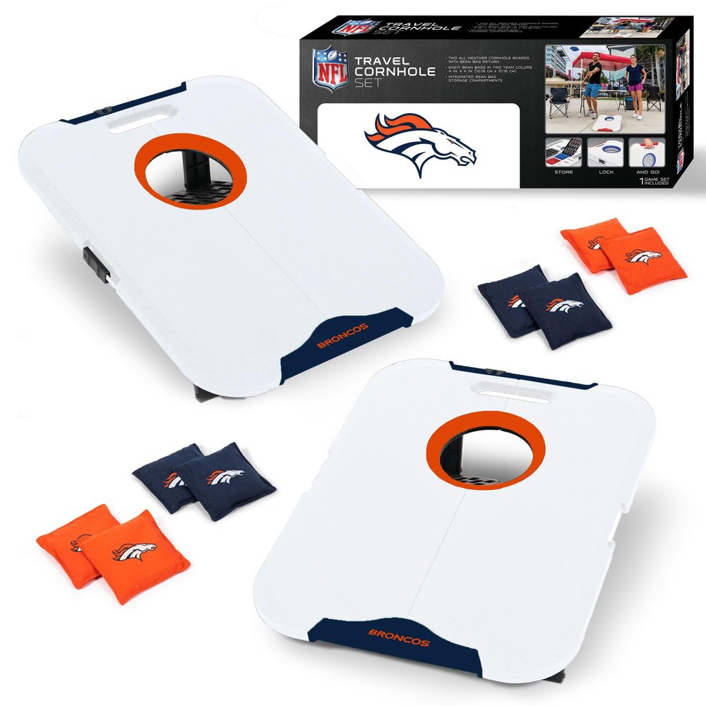 Wild Sports NFL Denver Broncos Pro Football All-Weather Cornhole Set - Travel Bean Bag Toss Set Includes 8 Bean Bags