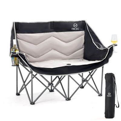 Nice C Loveseat Camping Chair, Double Camping Chair, Outdoor Camping Couch, Oversized Camping Loveseat, Padded Folding Chair for Adults, with Cooler Bag, Wine Glass Holder (Black&Grey)