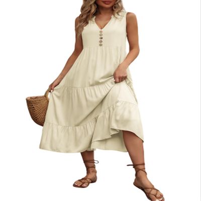 Women's 2024 Summer Dress V Neck Sleeveless Casual Dress Midi Beach Sundress Flowy Summer Dress T-Shirt Dress Apricot