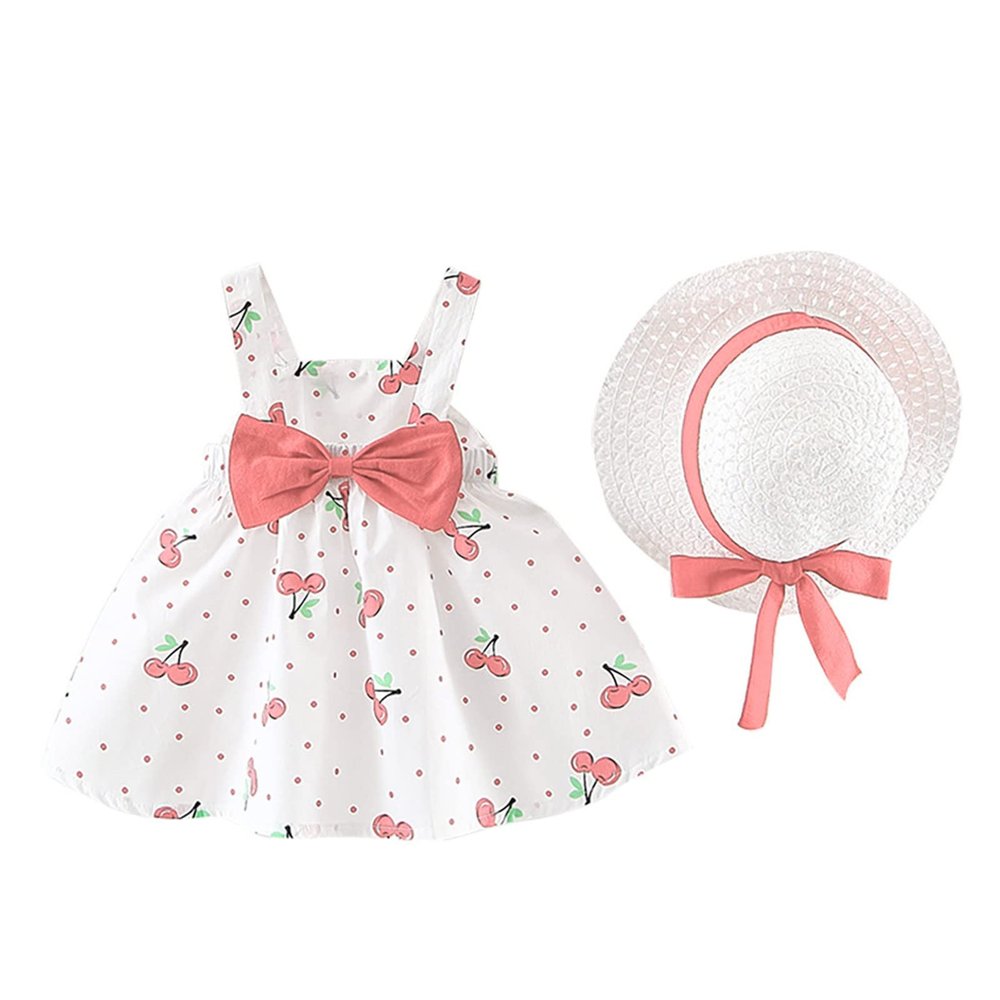 AMIMOJY Baby Girls Summer Dresses Infrant Halter Skirt Berry Prints Bow Princess Dress Toddler Outfit with Hat 2 Piece Set, 12-18 Months, Pink