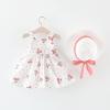 AMIMOJY Baby Girls Summer Dresses Infrant Halter Skirt Berry Prints Bow Princess Dress Toddler Outfit with Hat 2 Piece Set, 12-18 Months, Pink view 2