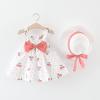AMIMOJY Baby Girls Summer Dresses Infrant Halter Skirt Berry Prints Bow Princess Dress Toddler Outfit with Hat 2 Piece Set, 12-18 Months, Pink view 3
