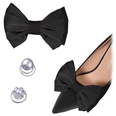 2 Pcs Detachable Satin Bow Shoe Clips Women Shoe Decoration Charms Fashion Heels Shoe Accessorie Hair Clips for Wedding Party Black