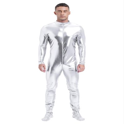 Manyakai Mens Glossy Shiny Zipper Unitard Sparkly Dance Bodysuits Long Sleeve Full Body Leotard Tights Silver XX-Large