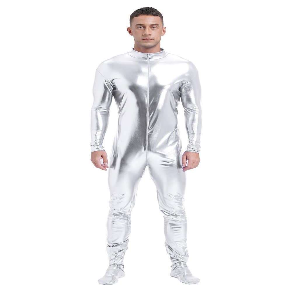 Manyakai Mens Glossy Shiny Zipper Unitard Sparkly Dance Bodysuits Long Sleeve Full Body Leotard Tights Silver XX-Large