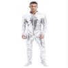 Manyakai Mens Glossy Shiny Zipper Unitard Sparkly Dance Bodysuits Long Sleeve Full Body Leotard Tights Silver XX-Large view 2