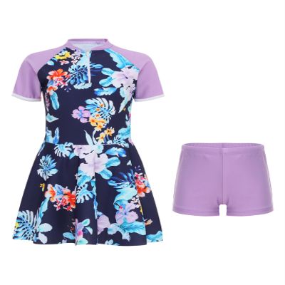 Moggemol Kids Girls Rash Guard Swimsuit Striped/Floral Short Sleeve Swim Dress with Bottoms Beach Bathing Suit Purple 7-8 Years