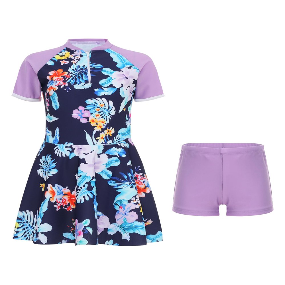 Moggemol Kids Girls Rash Guard Swimsuit Striped/Floral Short Sleeve Swim Dress with Bottoms Beach Bathing Suit Purple 7-8 Years
