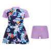 Moggemol Kids Girls Rash Guard Swimsuit Striped/Floral Short Sleeve Swim Dress with Bottoms Beach Bathing Suit Purple 7-8 Years view 1