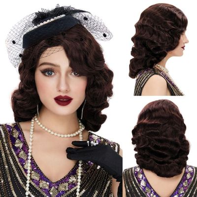 Amnenl Brown 1920s Wig for Women Long Finger Wave Vintage Wigs Lady Synthetic Cosplay Costume Wig