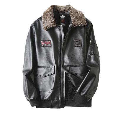 Legou Mens Autumn and Winter Velvet Thickened Leather Jacket Wool Collar Bomber Aviator Warm Casual Motorcycle Jacket Black 2XL