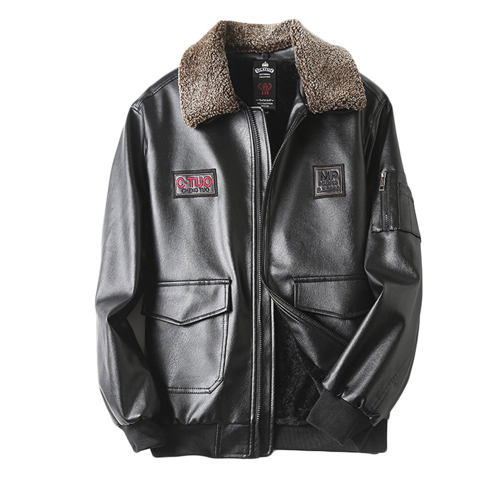 Legou Mens Autumn and Winter Velvet Thickened Leather Jacket Wool Collar Bomber Aviator Warm Casual Motorcycle Jacket Black 2XL
