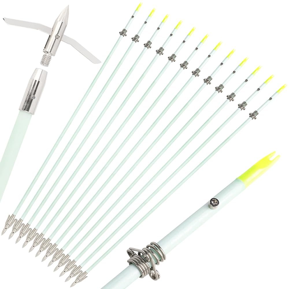 3/6 Pack Green Luminated Fiberglass Bowfishing Arrow Glow in Dark 33 inches Archery Bowfishing Arrows with Broadheads and Safty Slides for Compound Bow Recurve Bow Fishing Hunting (6 Pack)