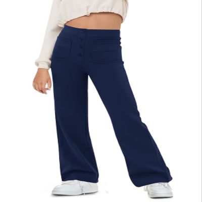 Haloumoning Girl's Flare Pants Kids High Waisted Button Multiple Pockets Yoga Bootcut Pants Full Length Bell Bottoms Navy Blue