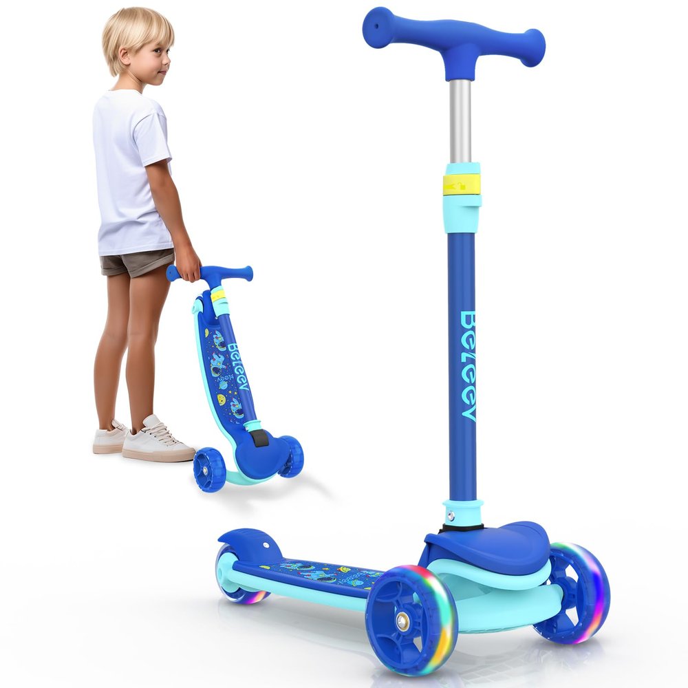 BELEEV Scooter for Kids Ages 3-12, 3 Wheel Folding Scooter for Toddlers Girls Boys, PU Light-Up Wheels, Adjustable Height, Lean to Steer, Three Wheel Kick Scooter for Children(Space Blue)