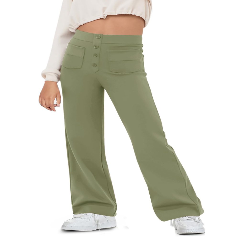 Haloumoning Girl's Flare Pants Kids High Waisted Button Multiple Pockets Yoga Bootcut Pants Full Length Bell Bottoms