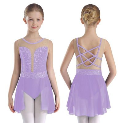 JEATHA Kids Girls Figure Ice Skating Dress Lyrical Dance Costume Rhinestone Sleeveless Tank Leotards Dancewear Light Purple 14 Years
