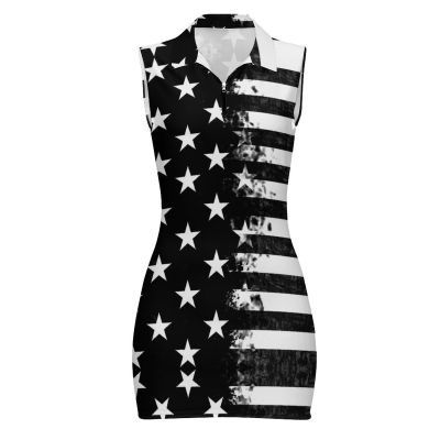 Zakqeik Women's Summer Sleeveless Polo-Shirt American Flag Black Dress for Girls Cute Skirts S
